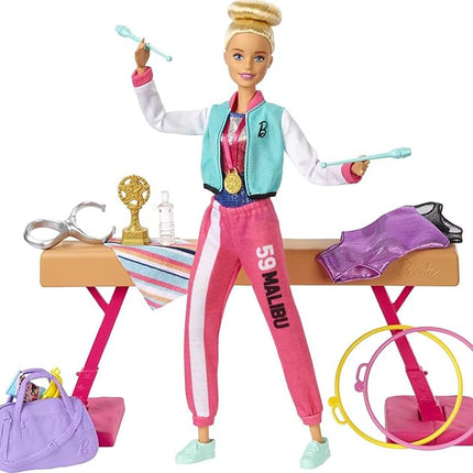 Barbie Careers Playset, Blonde Gymnast Doll with Balance Beam, Twirling Toy & 15+ Accessories Including Clothes, Hoops, Trophy & More