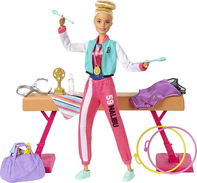 Barbie Careers Playset, Blonde Gymnast Doll with Balance Beam, Twirling Toy & 15+ Accessories Including Clothes, Hoops, Trophy & More