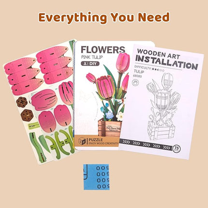 3D Wooden Flower Puzzles for Adults Pink Tulip, DIY Artificial Flower Building Set Wooden Bloom Craft Kits Home Decoration, for Women Mom Birthday Thanksgiving Christmas Valentine's Day