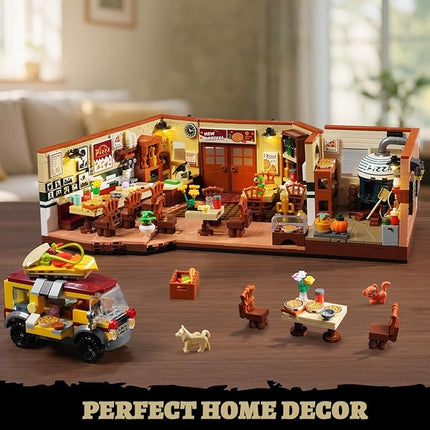 City Street Pizza Restaurant Building Set with Light, 1098PCS Pizzeria House Architecture Model with Retro Pizza Van, Home Decor Construction Building Block Gift for Adults Teens Boys Girls 12+