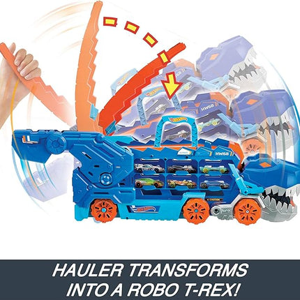 Hot Wheels City Toy Car Track Set, Ultimate T-Rex Transporter, Hauler Transforms into Stomping Dino with Race Track, from Netflix Series “Let’s Race”