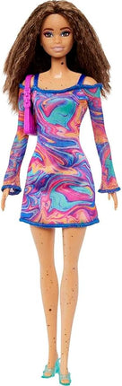 Barbie Fashionistas Doll #206 with Crimped Hair & Freckles Wearing Removable Rainbow Marble-Print Dress, Green Mules & Purse