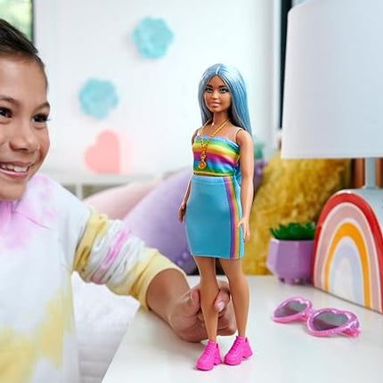 Barbie Fashionistas Doll #218 with Long Blue Hair Wearing Removable Rainbow Top & Teal Skirt, 65th Anniversary Collectible Toy