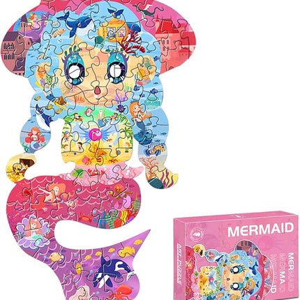 Puzzles for Kids Ages 4-6,4-8,8-10, 70 Piece Mermaid Shaped Kids Puzzles Jigsaw Puzzles Birthday Party Favors Gift for Kid Girls Age 4 6 7 8 Learning Educational