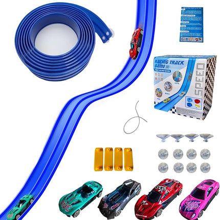 Flex Track 15 Ft Starter Set - Flexible Race Car Ramp Track for Kids Ages 3-8 with 4 Cars & 12 Suction Cups, Compatible with Hot Wheels & 1/64th Diecast Cars, Portable Blue Racetrack Toy