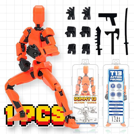 [Assembly Complete] Dummy 13 Action Figures with Magnetic Suction Function, Lucky Titan 13 Action Figures, Multi-Jointed Movable，with 3 Hand-Shapes, 5 Weapons (1Pcs - Orange)