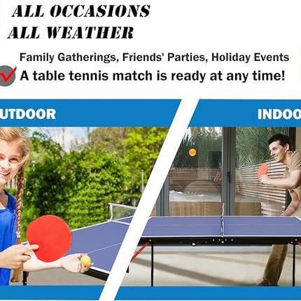 Table Tennis Table Mid-Size, Foldable Ping Pong Table Top Full Size with 2 Paddles, 2 Balls, 1 Net & 4 Wheels, Folding Table Tennis for Indoor & Outdoor, Quick Assembly to Support Multiplayer