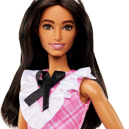 Barbie Fashionistas Doll #209 with Black Hair Wearing Removable Pink Plaid Dress, Pearlescent Headband & Strappy Heels