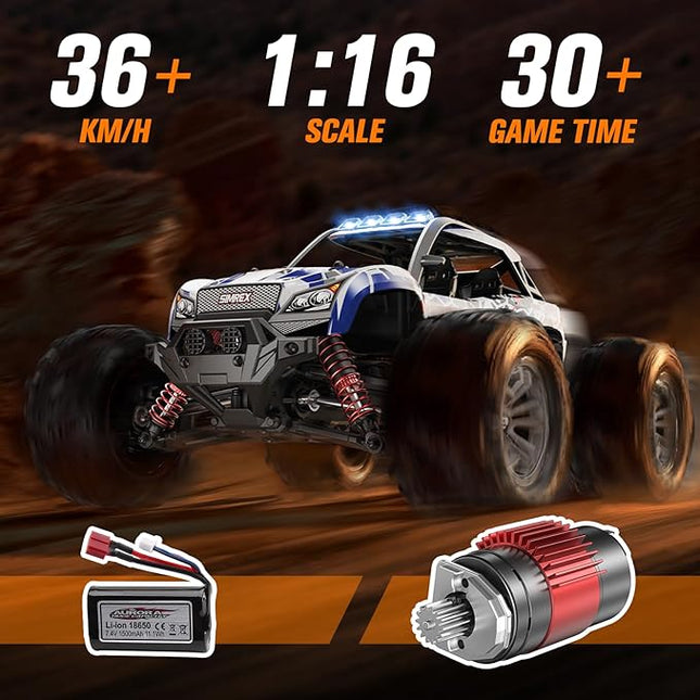 SIMREX 1/16 Scale Hobby RC Car, 36 KPH High-Speed 4WD RC Truck, 2.4 GHz Remote Control Car, All-Terrain Electric Vehicle, 4X4 Remote Contral Moster Truck for Kids and Adults