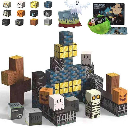 Halloween Themed Magnetic Blocks for Kids Skeleton Toys Spooky Town Building Kit Halloween Party Favors Gift for Children & Adults(1 inch)