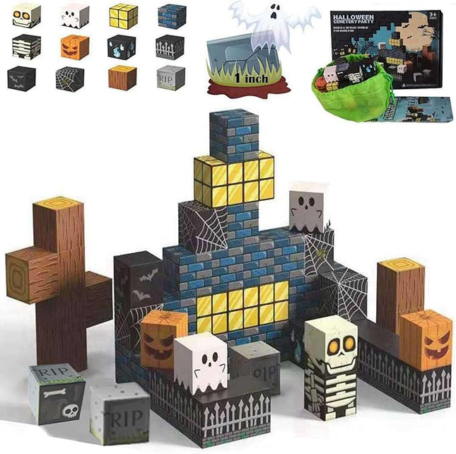 Halloween Themed Magnetic Blocks for Kids Skeleton Toys Spooky Town Building Kit Halloween Party Favors Gift for Children & Adults(1 inch)