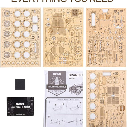 ROKR 3D Wooden Puzzle for Adults-Mechanical Car Model Kits-Brain Teaser Puzzles-Vehicle Building Kits-Unique Gift for Adults on Birthday/Christmas Day(1:16 Scale)(MC401-Grand Prix Car)