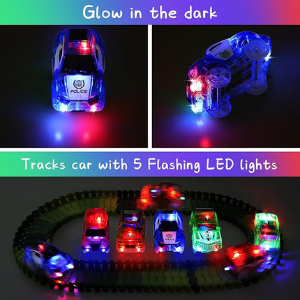 Tracks Cars Magic Light Up Track Cars Toy Glow in The Dark for 3 4 5 6 7 8 Kids Boy Girl, Race Cars with 5 LED Flashing Light Battery Operated Vehicle Compatible w/Most Tracks (4Pcs)