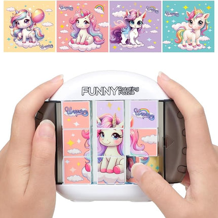 Rotating 3D Puzzle for Kids 3 4 5 6 7 Year Old, 4 Puzzles in 1, Handheld Game Fidget Toys for Travel, Cars & Plane, Fine Motor Skills Developing (Magical Unicorn Squad)