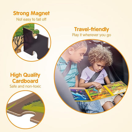 SYNARRY Magnetic Dinosaur Puzzles for Kids Ages 3-5, 20 Pieces Puzzles for Toddlers 4-6, Easter Basket Stuffers Valentines Day Gifts for Kids, Car Airplane Road Trip Activities Toys for Boys Girls