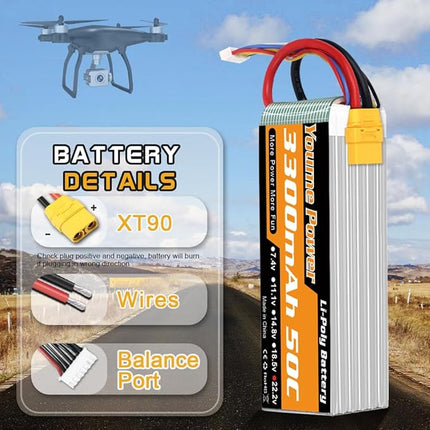 22.2V LiPo Battery 3300mAh,Lipo 6S Battery 50C XT90 Plug for RC Airplane RC Helicopter RC Quadcopter Drone Car Truck Boat Model(2 Packs)