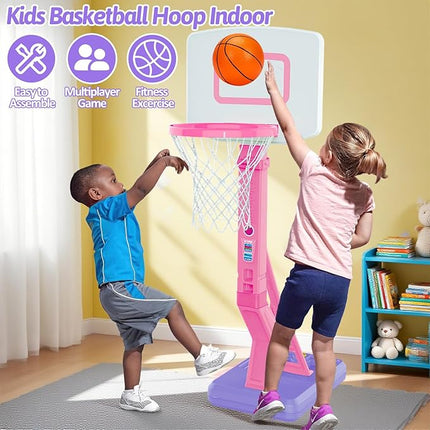 Toddler Girl Basketball Hoop Indoor Pink Adjustable Mini Basketball Goal with Ball Pump for Outdoor Poolside Toys Backyard Game Outside Basketball Toy for Kids Age 1-3 3-5 6 7 4-8 Birthday Gift