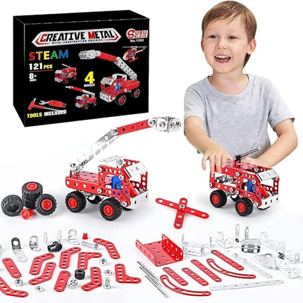 Stem Building Toys for Boys Age 8-12,Creative Sets Fire Trucks Series Model Kit,Assembly Toys for Kids,Metal Building Blocks for Model 4 in 1 Fire Fighting Cars(121PCS)