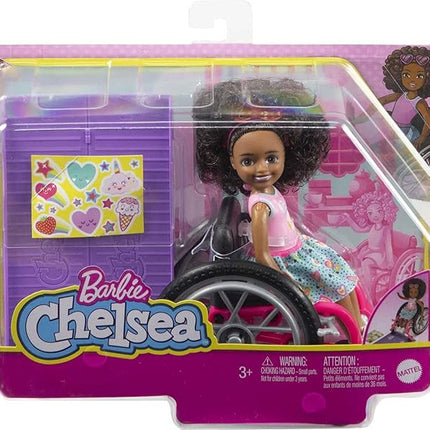 Barbie Chelsea Doll & Wheelchair with Moving Wheels, Ramp, Sticker Sheet & Accessories, Small Doll with Curly Brown Hair