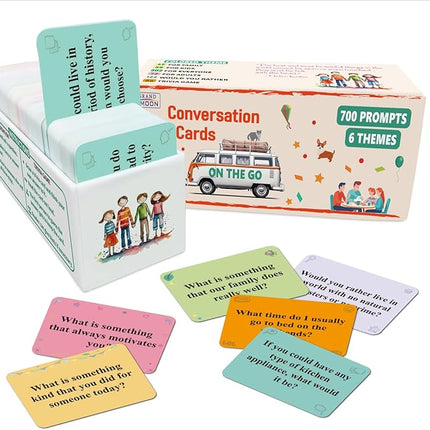 700 Prompts 6 Themes Conversation Cards and Trivia Game Fun for Adults and Kids - Perfect for Family Dinners, Road Trips, and More! (5” X 2” X 2”)