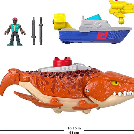 Fisher-Price Imaginext Jurassic World Rebirth Aquachomp Chase Mosasaurus 18-inch Dinosaur Toy with 3-inch Action Figure, Launcher Boat & 2 Projectiles