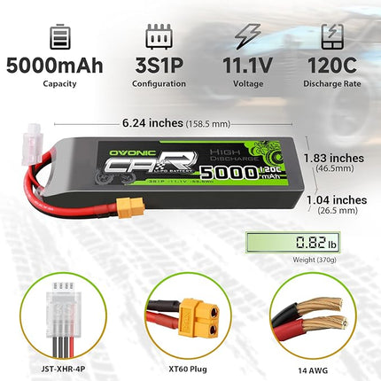 OVONIC 3S LiPo Battery 11.1V 5000mAh 120C with XT60 and TRA Plug Perfect Match RC Car RC Truck Airplane Helicopter Boat Car Racing RC Hobby [6.18''D x 1.81" W x 1.03" H](2 Packs in 1 Package)