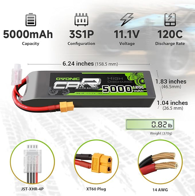 OVONIC 3S LiPo Battery 11.1V 5000mAh 120C with XT60 and TRA Plug Perfect Match RC Car RC Truck Airplane Helicopter Boat Car Racing RC Hobby [6.18''D x 1.81" W x 1.03" H](2 Packs in 1 Package)