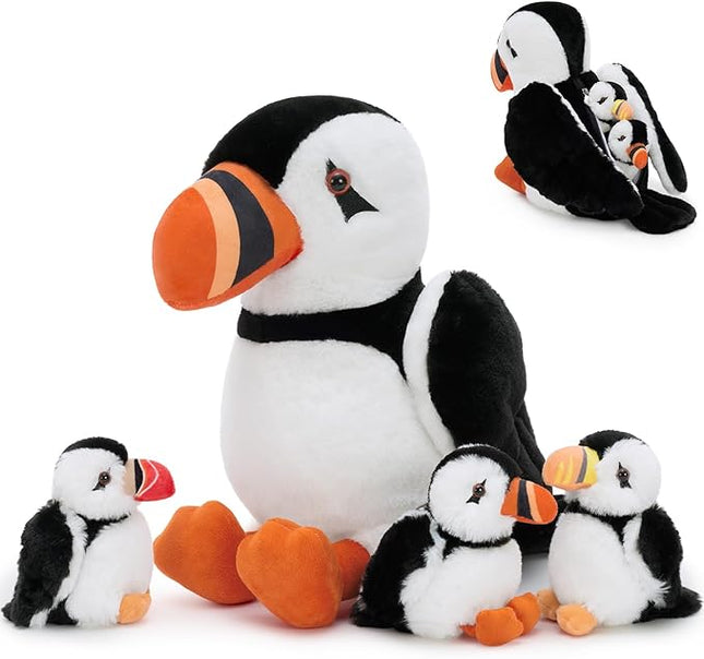 13.7" Puffin Plush Toy with Back Zipper, Includes 3 Adorable Baby Puffin Stuffed Inside - Soft & Safe Stuffed Animal for Kids, Perfect for Bedtime Companion, Gift, or Room Decor