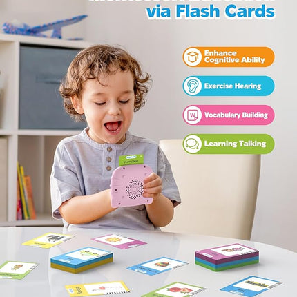 Talking Flash Cards for Toddlers 1 2 3 4 Year Olds, Montessori Language Learning with 224 Words, Pocket Speech Therapy and Autism Playthings, Children's Sensory Educational Device, Pink