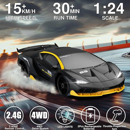 Remote Control Car RC Drift Car 2.4GHz 1:24 4WD 15KM/H High Speed Racing Sport Car with LED Lights Drifting Tire Racing Sport Toy for Adults Boys Girls Kids Gift 2Pcs Rechargeable Batteries