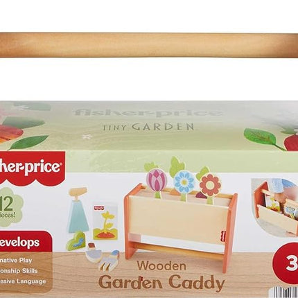Fisher-Price Wood Pretend Play Toy Tiny Garden Caddy, 12-Piece Set with Wooden Tools & Plants for Preschool Kids Ages 3+ Years (Amazon Exclusive)