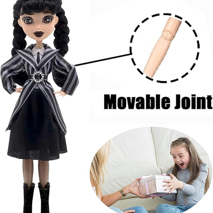 11.5'' Addams Doll with Gift Box, High Heels, Black Dress, and Hair, Perfect Christmas and Birthdays Toy Gift for Girls & Fans (2PCS)