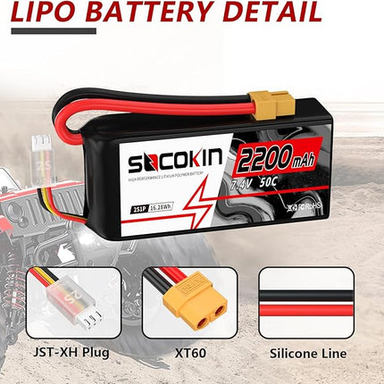 2S Lipo Battery 7.4V 50C 2200mAh Batteries with XT60 Connector Plug Shorty Soft Case Battery for RC Car Truck Boat Truggy FPV Drone Quadcopter UAV Airplane Helicopter (2 Pack)