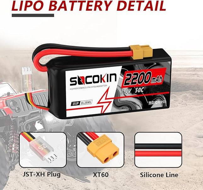 2S Lipo Battery 7.4V 50C 2200mAh Batteries with XT60 Connector Plug Shorty Soft Case Battery for RC Car Truck Boat Truggy FPV Drone Quadcopter UAV Airplane Helicopter (2 Pack)