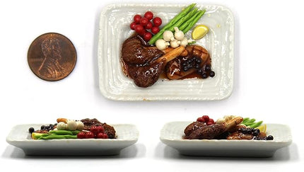 Lovely Mixed 5 Assorted Prime Meat Lovers Grilled, Steak, with Appetizer Dish Dollhouse Miniature Food, Tiny Food for Collectibles, Compatible with Barbie Dollhouse and Diorama Scale 1:6, 1/6