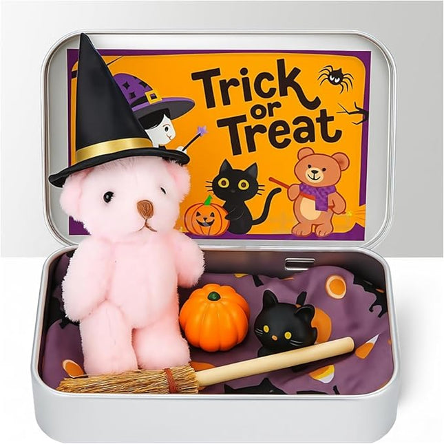 Halloween Bear in a Box for Trick or Treat, Miniature Witcher, Halloween Animal Pocket Hug Surprise Box, Cute Bear in Box with Pumpkin and cat Decorations (Pink)