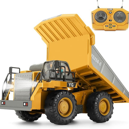 Remote Control Dump Truck, RC Construction Vehicle for Kids with 9 Channel Metal Bed Light Sound & Rechargeable Battery, Electric Transport Garbage Truck Toy for Toddlers Boys Girls Age 3+