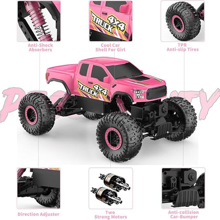 Double E Raptor F150 RC Car 4WD 2 Motors Monster Trucks for Girls, 11 Inches Off Road Crawler Vehicle Truck Toy with Rechargeable Battery Gift for Kids 6 7 8 9 10 11 12 Years-Pink