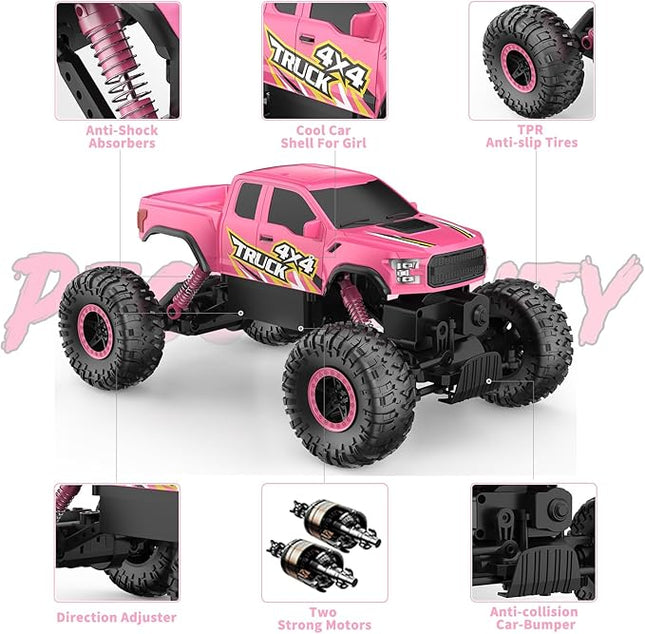 Double E Raptor F150 RC Car 4WD 2 Motors Monster Trucks for Girls, 11 Inches Off Road Crawler Vehicle Truck Toy with Rechargeable Battery Gift for Kids 6 7 8 9 10 11 12 Years-Pink