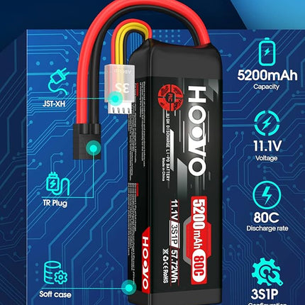 HOOVO 11.1V 80C 5200mAh 3S LiPo Battery with Tracxas Plug for RC Car RC Truck RC Boat Hobby (2 Packs)