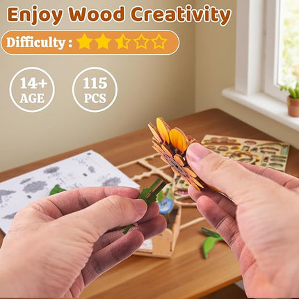 3D Wooden Flower Puzzles for Adults Sunflower, DIY Artificial Flower Building Set Wooden Bloom Craft Kits Home Decoration, for Women Mom Birthday Thanksgiving Christmas Valentine's Day
