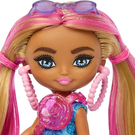 Barbie Extra Mini Minis Doll with Pink-Streaked Blonde Pigtails Wearing Blue Dress & Accessories, Plus Stand, 3.25-inch