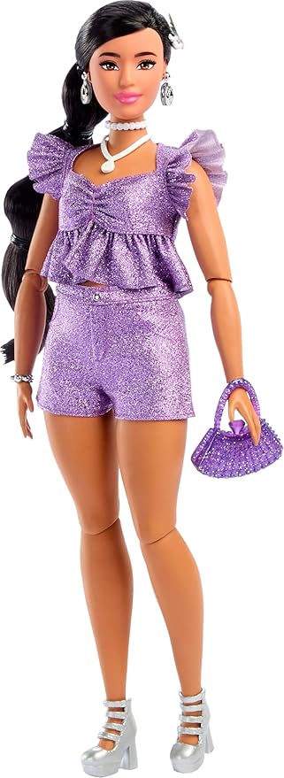 Barbie Deluxe Style Doll #8 in Metallic Purple Top and Sparkly Shorts, Black Hair in Braid, Accessories Like Pearly Jewelry and Handbag