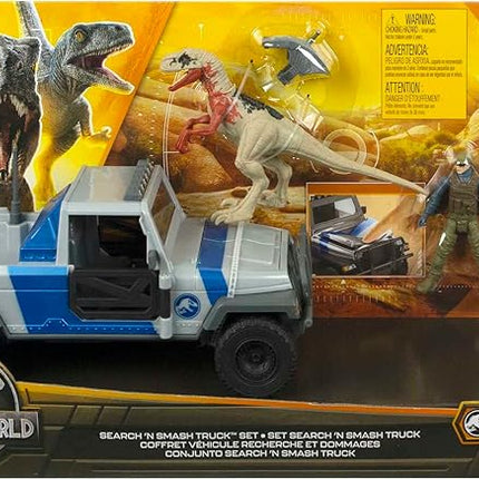Mattel Jurassic World Search 'n Smash Truck Set with Atrociraptor Dinosaur & Human Action Figure, Vehicle with Destruct Features