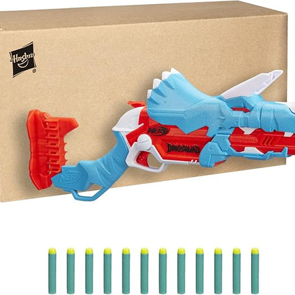 Nerf DinoSquad Tricera-Blast Dart Blaster, Break-Open 3-Dart Loading, 12 Official Darts, Dart Storage, Triceratops Dinosaur Design