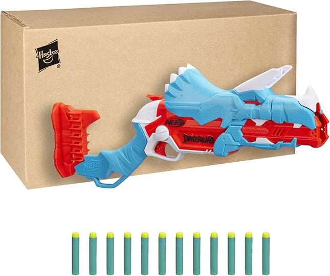 Nerf DinoSquad Tricera-Blast Dart Blaster, Break-Open 3-Dart Loading, 12 Official Darts, Dart Storage, Triceratops Dinosaur Design