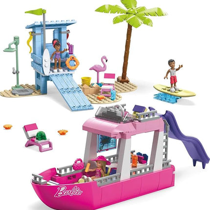 MEGA Barbie Kids Building Toy Set, Malibu Dream Boat with 317 Pieces, 2 Micro-Dolls and Accessories, Pink, Ages 6+ Years