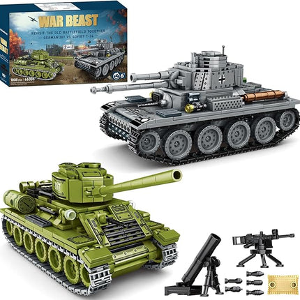 WW2 2 in 1 Army Tank Building Blocks Kit Create a German 38T & a Soviet T-34 Tank Military Toy Sets Birthday for Age 6+ Children Teens Adults 1008 Pieces