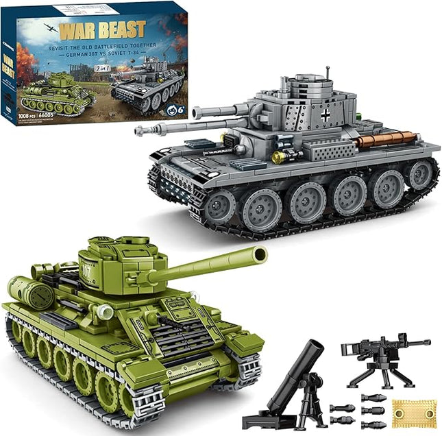 WW2 2 in 1 Army Tank Building Blocks Kit Create a German 38T & a Soviet T-34 Tank Military Toy Sets Birthday for Age 6+ Children Teens Adults 1008 Pieces