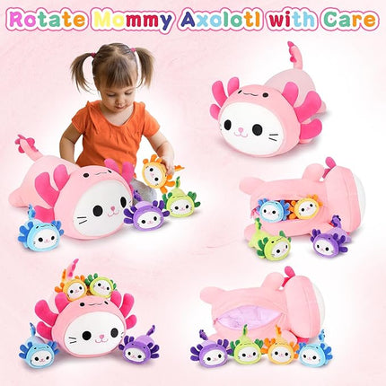 5 PCS Axolotl Cat Plush Stuffed Animal Family-19" Soft Axolotl Cat Plush, Large Mommy Plushies with 4 Baby Kittens Plushies for Kids, Kawaii Plushie Toy Christmas Birthday Gifts for Kids Boys Girls